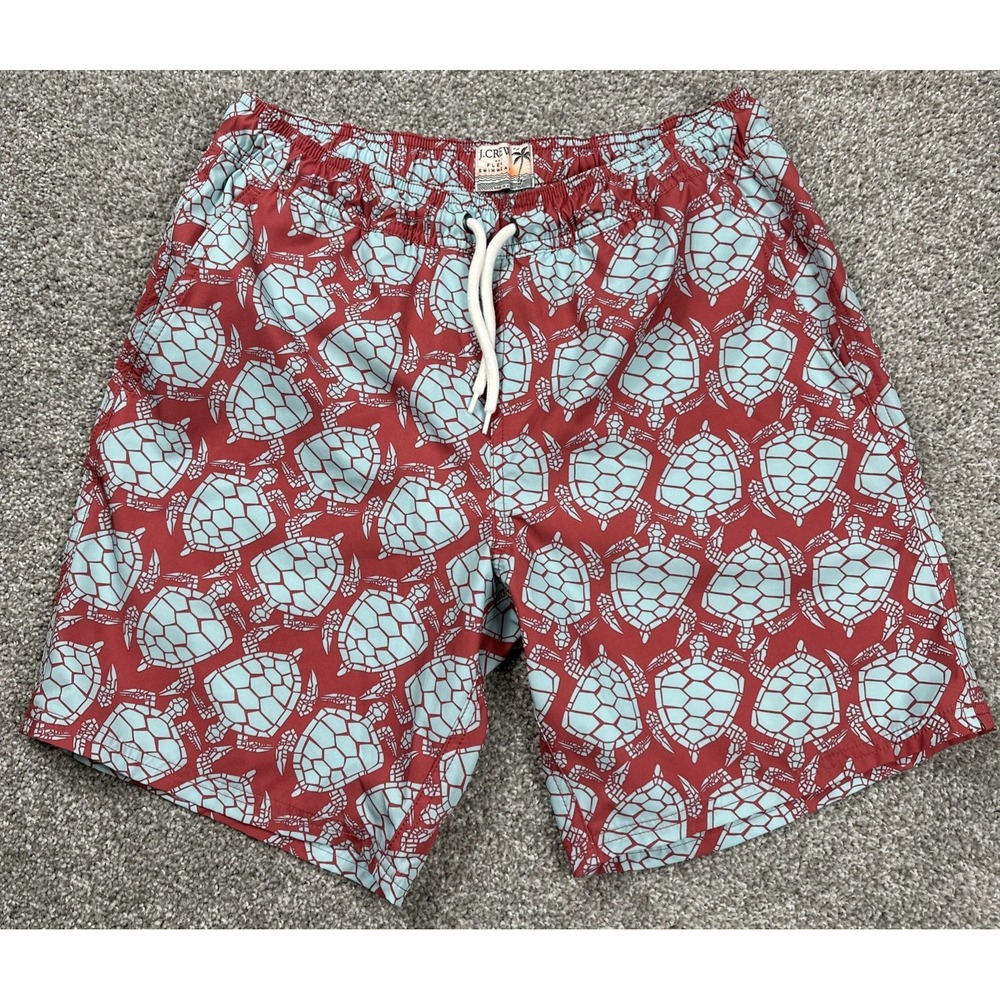 J.Crew Flex Swim Trunks Men's Medium Red Blue Sea Turtle Print Mesh Lined